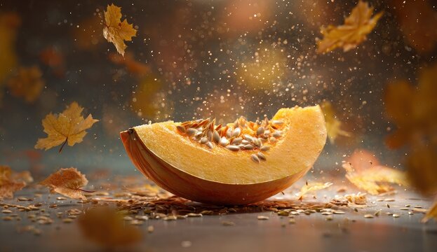 A slice of orange squash with seeds, surrounded by falling autumn leaves