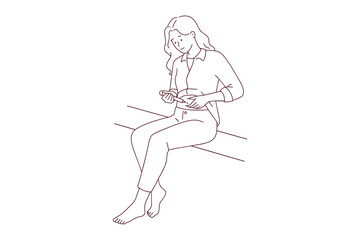 Obraz premium Coloring page of a woman giving herself a medical injection. Black and white line art for diabetes management or IVF hormone treatment education.