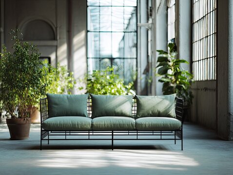 Modern sofa with green cushions in a spacious, sunlit industrial-style room