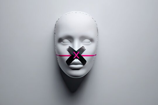 White Mask with Black Tape and Red Line Over Mouth.
