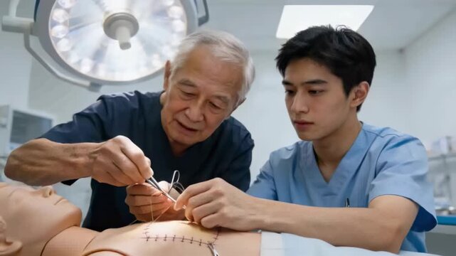 Needle positioning guiding mentor in scrubs suturing, training trainee in sim lab with mannequin