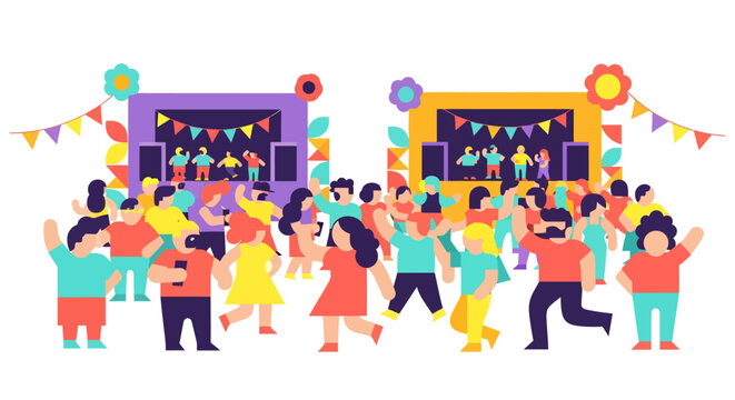 Vibrant festival crowd dancing in front of colorful buildings celebration