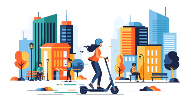 Woman riding electric scooter in city, urban transportation, modern lifestyle
