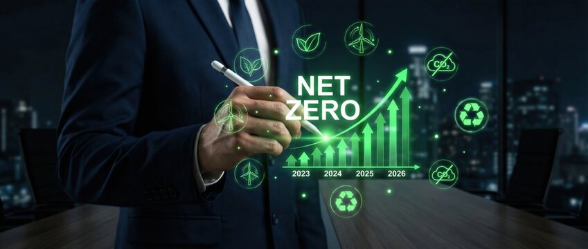Achieving net zero goals business strategy insights urban corporate environment digital content futuristic viewpoint sustainability concept