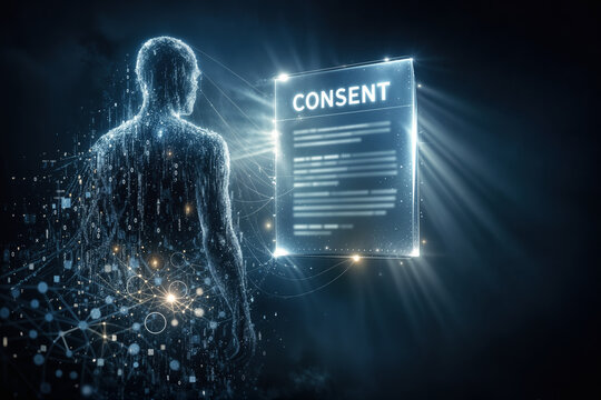 Luminous digital ghost silhouette dissolving into binary and neural network vortex tethered to glowing holographic CONSENT document symbolizing data privacy EU regulation and posthumous AI consent