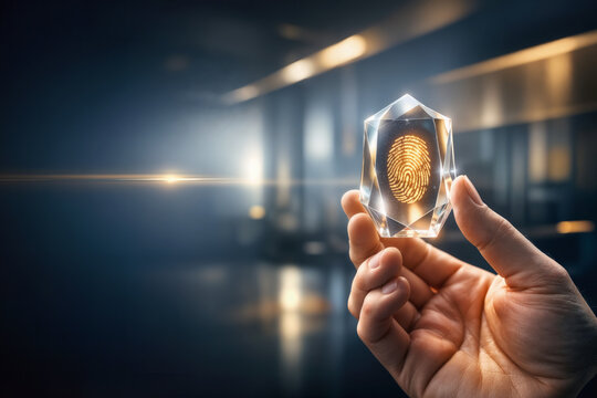 Human-Made tax credit concept crystal prism with embedded golden fingerprint held by hand symbolizing human premium artisan tech creative ethics and labor value choice of human vs AI in marketing