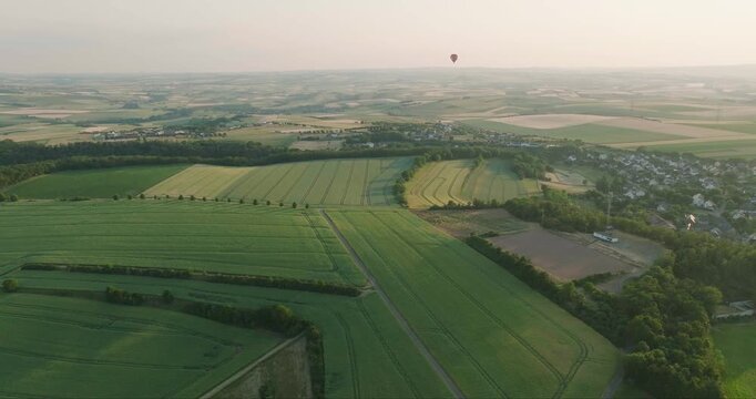 Aerial view of lush green fields contrasting with the distant horizon and a solitary hot air balloon drifting above, Dieblich, Germany.