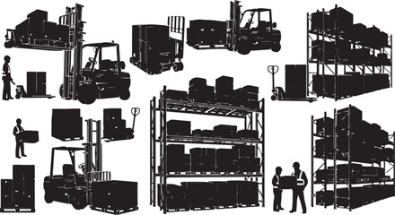 Obraz premium Warehouse Storage and Logistics Silhouette Illustrations Set