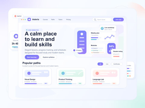 Pastel online learning dashboard landing page with course cards, progress widgets, tutor stats and soft modern interface layout on clean background