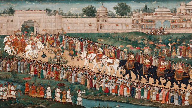 Detailed Mughal miniature painting depicting a grand royal procession with elephants near a historic palace architecture.