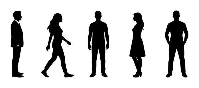 Black silhouette people collection, set of 5 diverse men and women figures, standing and walking human profiles, isolated vector character shapes
