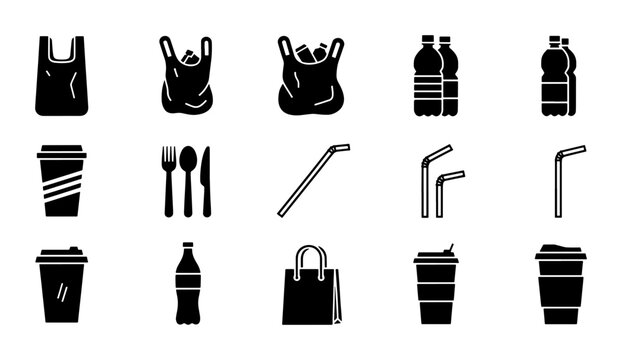 Single-use plastic pollution icons, 15 black silhouette vector elements, disposable waste collection including bags bottles straws and coffee cups