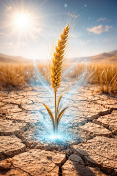 Wheat resilience concept for World Food Day and drought awareness showing single golden wheat stalk glowing with blue energy emerging from cracked dry soil symbolic of food security and climate change