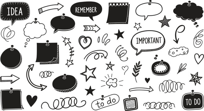 Set of Black and White Hand-Drawn Doodles Including Notes, Arrows, Stars, and Speech Bubbles for Fun Messaging and Organization