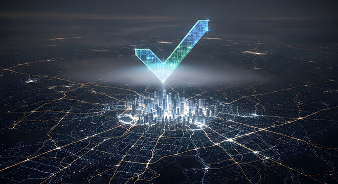Glowing blue checkmark icon above illuminated night city skyline