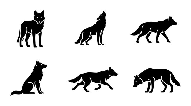 Black wolf silhouette vector set, wild timber wolf icons in various poses, 6 howling and running coyote silhouettes for wilderness branding and logos