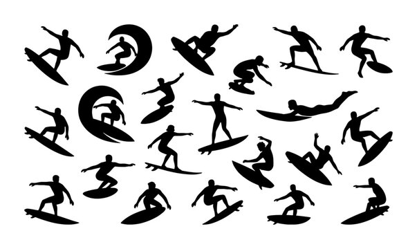 Surfing silhouette vector set, 20 surfer icons riding ocean waves, black minimalist water sports graphics for summer beach apparel and logos