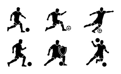 Fototapeta premium Soccer player silhouettes set, black football athlete icons in action poses, professional sports vector collection for team logos and athletic branding