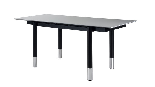 Modern gray glass dining table with black legs and silver accents