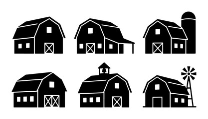 Rustic farm barn icons set, black silhouette barn house vector collection, traditional rural farmland buildings with silo and windmill for logo design © Jayed