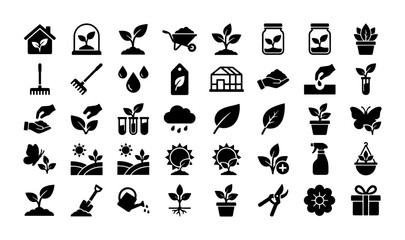 Gardening icons set, 40 black solid vector symbols for agriculture and horticulture, flat plant growth and farming equipment collection for web design © Shahinur