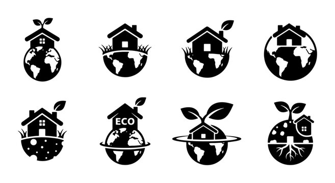 Eco house icons on globe, sustainable green home vector set, 8 environmental earth and building symbols, black and white ecology logo elements