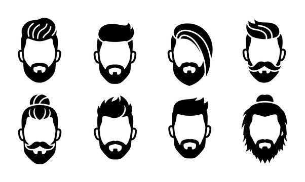 Barber shop icons set of 8 male hairstyles, bearded man head silhouettes with trendy haircuts, masculine grooming and facial hair vector graphics