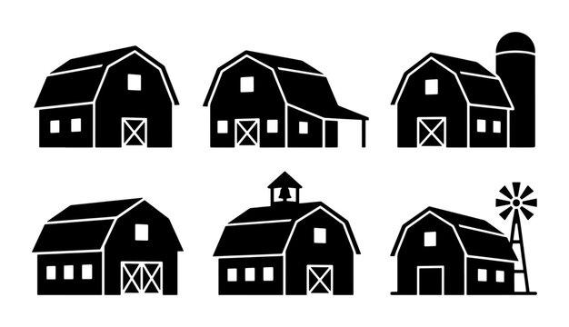 Rustic farm barn icons set, black silhouette barn house vector collection, traditional rural farmland buildings with silo and windmill for logo design