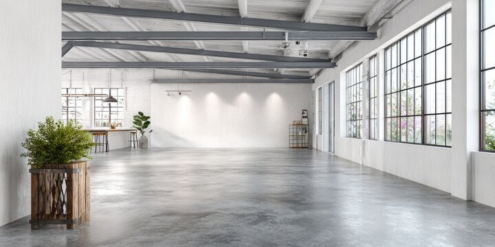 Spacious industrial loft with concrete floor, large windows, exposed beams