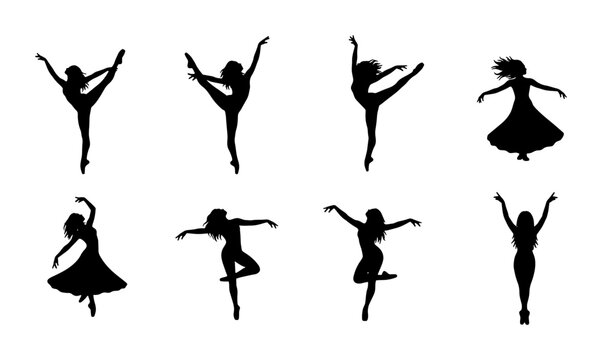 Graceful ballet dancer silhouettes, set of 8 female dancing figures in elegant poses, black vector icons of rhythmic gymnasts and performers