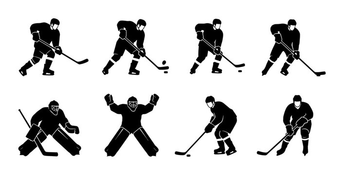Ice hockey player silhouettes set, 8 black vector icons of professional athletes in action, goalie and skater figures for winter sports design