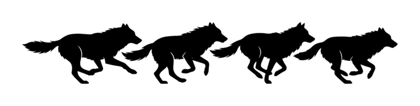Running wolf pack silhouette vector, black wild wolves hunting in a row, predatory animal group silhouettes for outdoors and wildlife design
