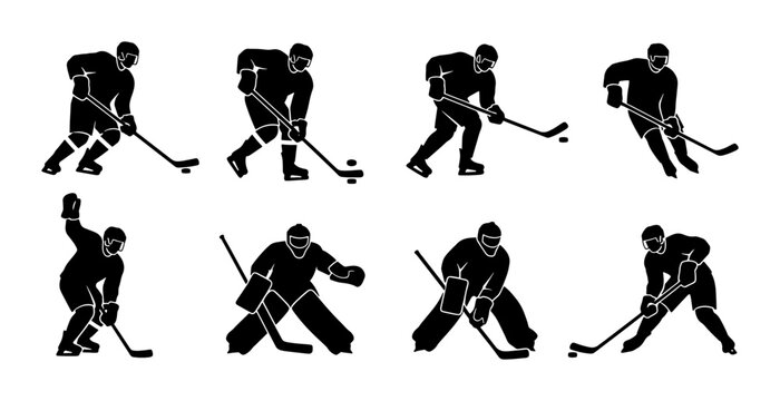 Ice hockey player silhouettes set, 8 professional hockey athlete vector icons, black sports figures in action poses for team logos and tournament branding