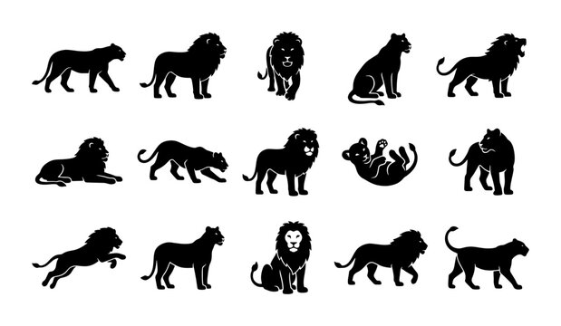 Lion silhouette vector icons set, wild african cat animal collection, black feline predator graphics for logo design and wildlife branding