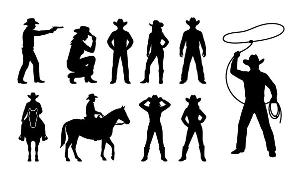Wild West cowboy silhouettes collection, black western outlaw and cowgirl vector set, horse rider and lasso rope character icons