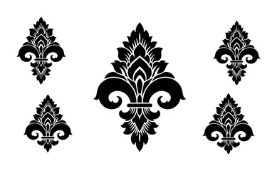 Vintage fleur de lis vector set, black heraldic lily icons on white background, royal damask floral ornaments for luxury branding and invitation design © Jayed