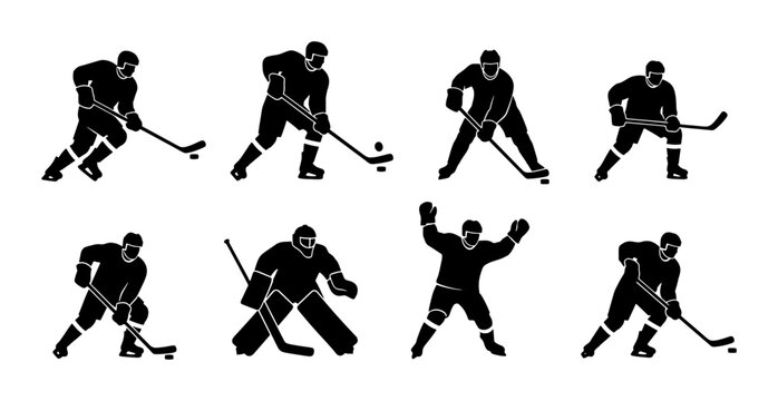Ice hockey player silhouettes set, professional athlete action poses with sticks and pucks, 8 black vector icons of hockey skaters and goalie