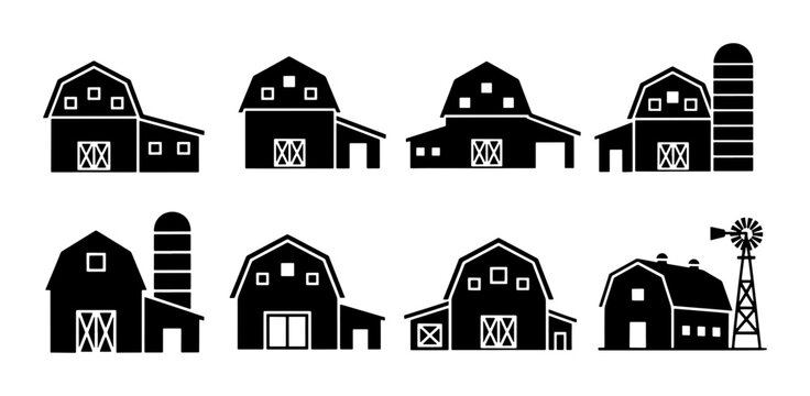 Black barn icon set, rustic farm building silhouettes, set of 8 agricultural vector symbols, traditional countryside barn and silo graphics