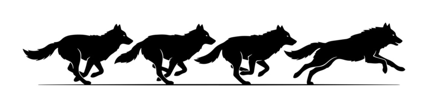 Running wolf silhouette sequence, black wolf pack in motion vector, wild animal hunting movement icons, four galloping wolves on white background