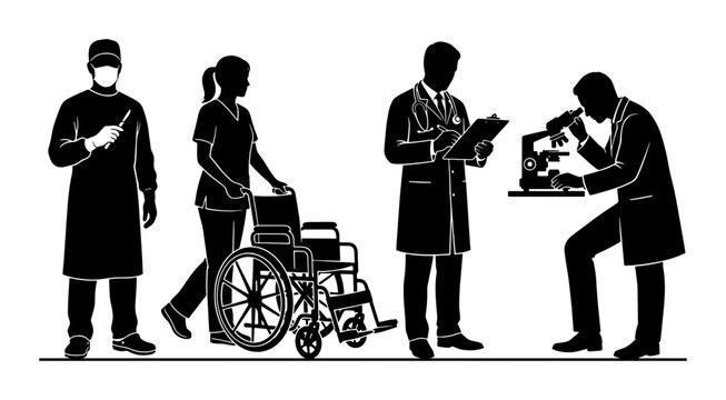 Medical professional silhouettes set, healthcare workers including surgeon and nurse with wheelchair, doctor and scientist with microscope vector