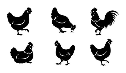 Black chicken silhouette vector set, farm bird poultry icons, rustic rooster and hen collection for organic food branding and butcher shop logos © Momena