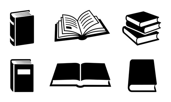 Minimalist book icon set, black and white library symbols, collection of 6 vector book illustrations for education and literature design