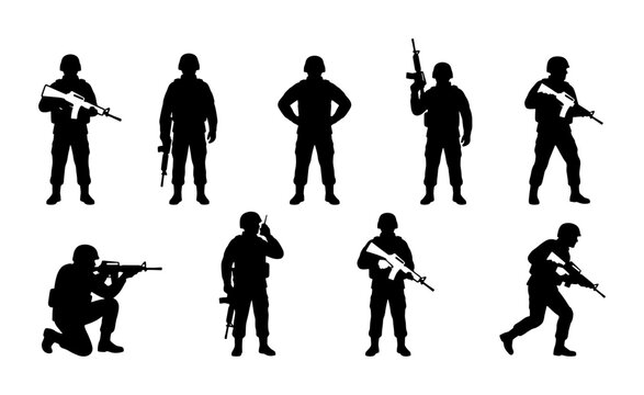 Military soldier silhouettes set, 9 armed infantry warrior figures with rifles, black army commando vector icons for tactical war design