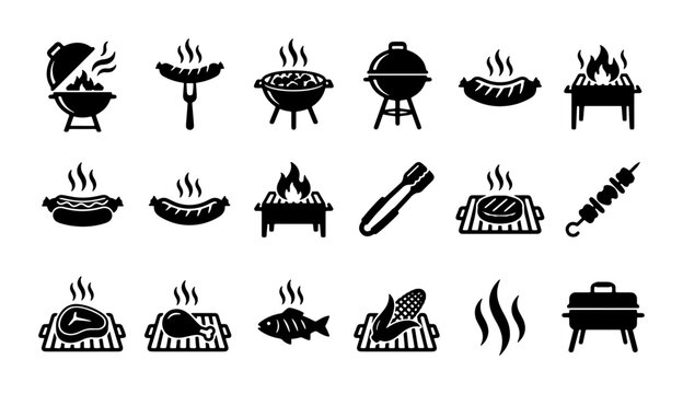 Barbecue grill black icons set, 18 BBQ vector elements for summer cookout, grilled meat and sausage silhouettes, outdoor picnic party graphics