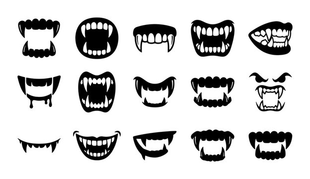 Vampire fangs and monster mouth icons, 15 black silhouette spooky teeth elements, horror creature smile vector set for Halloween design