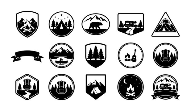 Vintage camping badges and outdoor adventure icons set, black and white wilderness logos, 15 nature exploration vector emblems for branding