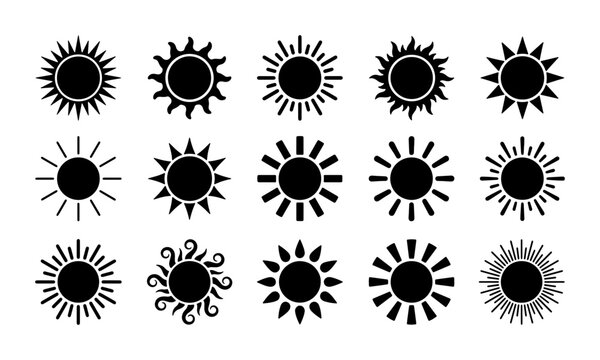 Minimalist sun icons set, 15 black solar symbols in vector format, geometric sunburst shapes for weather forecasting and summer branding