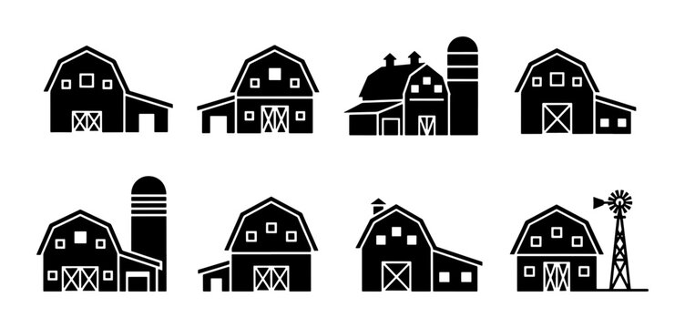 Rustic farm barn icons set, black silhouette agricultural building vectors, traditional countryside barnhouse with silo and windmill illustrations
