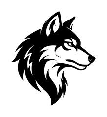 Stylized wolf head vector illustration, black and white husky mascot logo, wild predator animal profile icon for sports branding and apparel design © Rashedul