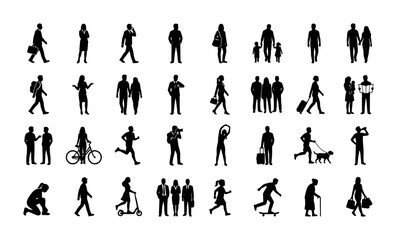 Black silhouette people icons set, diverse crowd of human figures in various poses, walking and standing men and women vector collection for architectural scale © Nusrat
